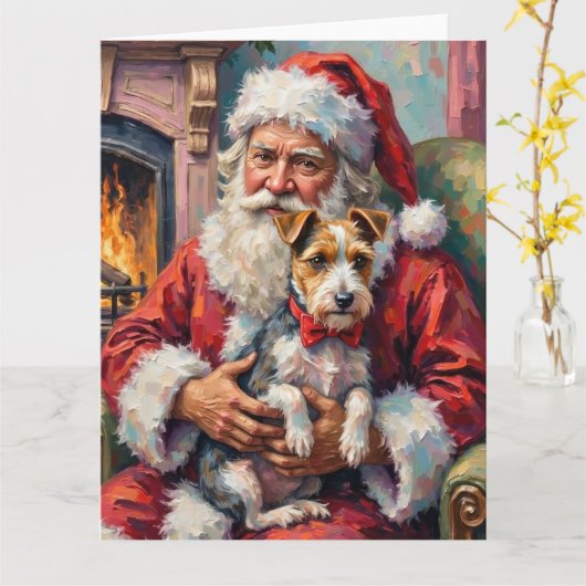 Kerstman met Wirefox Terrier Kerst Kunst Kaart (Gele Bloem)