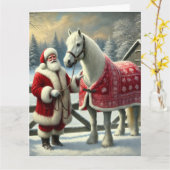 Kerstman met wit paard op besneeuwd Boerderij Kaart (Gele Bloem)