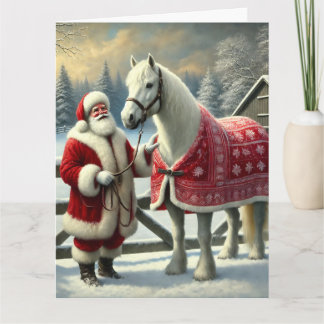 Kerstman met wit paard op besneeuwd Boerderij Kaart