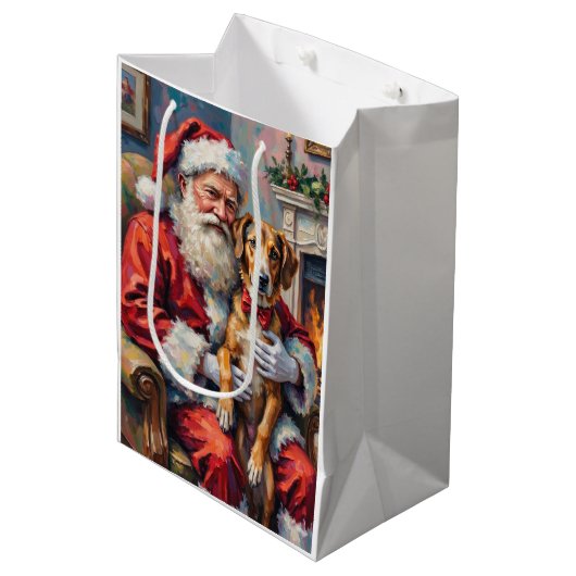 Kerstman met wolfshond Kerstkunst Medium Cadeauzakje (Voorkant Gekanteld)