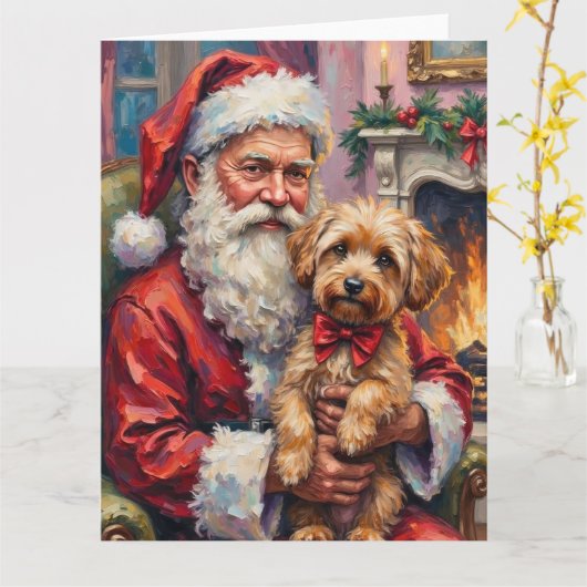 Kerstman met Yorkipoo Kerst Kunst Kaart (Gele Bloem)
