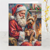 Kerstman met Yorkshire Terrier Kerst Kaart (Gele Bloem)