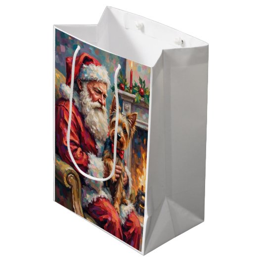 Kerstman met Yorkshire Terrier Kerst  Medium Cadeauzakje (Voorkant Gekanteld)