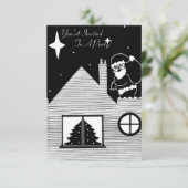 Kerstman met zak op dak zwart en wit kerst kaart (Staand voorkant)