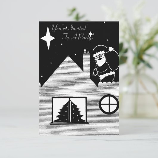 Kerstman met zak op dak zwart en wit kerst kaart (Staand voorkant)