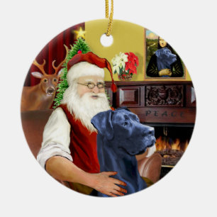 Kerstman met zijn blauwe Dog van Bordeaux (natuurl Keramisch Ornament