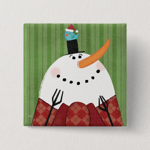 kerstman met Zingende vogel Vierkante Button 5,1 Cm
