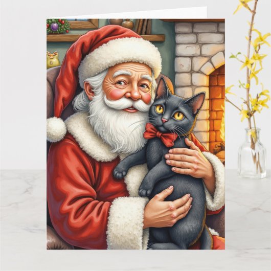Kerstman met Zwarte Kat Kerst Kunst Kaart (Gele Bloem)