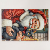 Kerstman met Zwarte Kat Kerst Kunst Legpuzzel (Horizontaal)