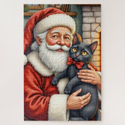 Kerstman met Zwarte Kat Kerst Kunst Legpuzzel (Verticaal)