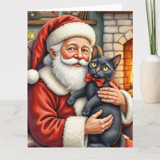 Kerstman met Zwarte Kat Kerstkunst Kaart (Voorkant)
