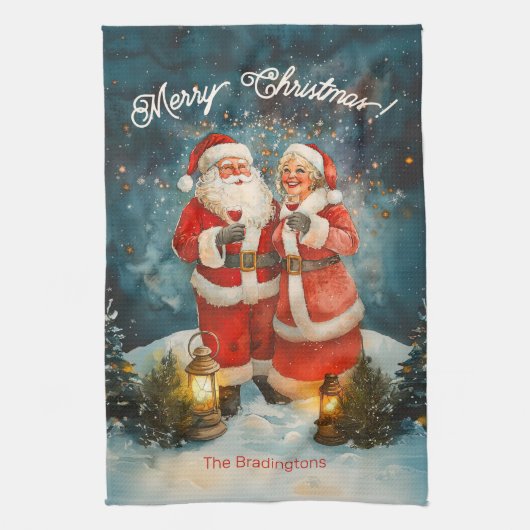 Kerstman mevrouw Claus Vrolijk Kerstfeest Theedoek (Verticaal)