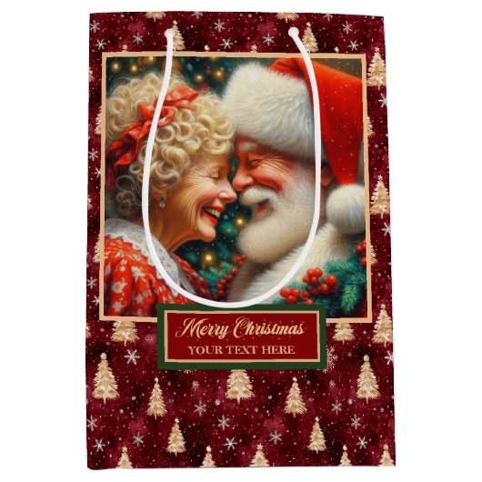 Kerstman & mevrouw Claus Waterverf Kerstcadeau Tas Medium Cadeauzakje (Voorkant)