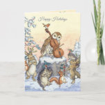 Kerstman  Molly Brett dansende dieren Kaart<br><div class="desc">Vintage kerstkaart met kunst van Molly Brett. Owl staat op een logboek dat een basebel speelt terwijl Rabbits,  Squirrels en Porcupine dansen in de sneeuw.</div>