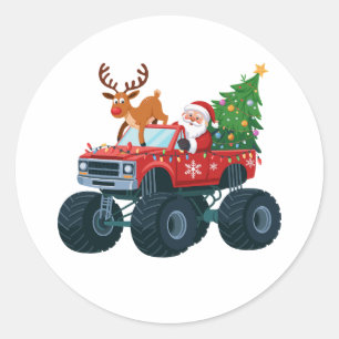 Kerstman Monstertruck Rendier Kerstboom Kerstmis Ronde Sticker