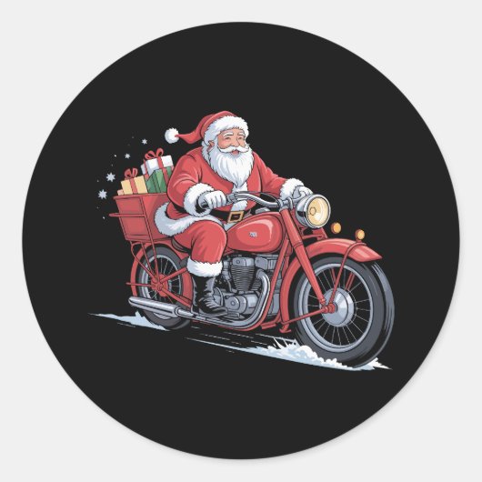 Kerstman Motorfiets Biker Kerstmis Xmas Ronde Sticker (Voorkant)