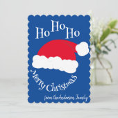 Kerstman Muts Ho Ho Ho Prettig Kerstfeest Blauw Wi Feestdagenkaart (Staand voorkant)