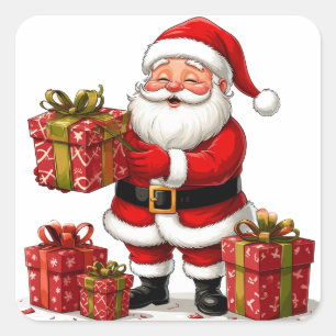 Kerstman omringd door kerstcadeaus vierkante sticker