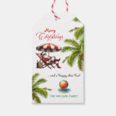 Kerstman onder een strandparasol Kerstmis Cadeaulabel (Voorkant)
