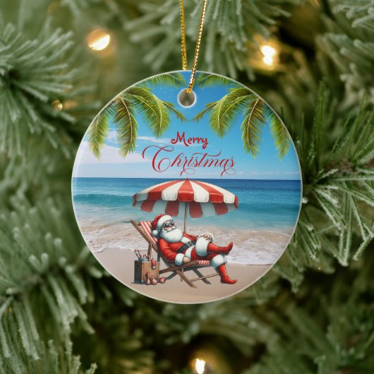 Kerstman onder een strandparasol Kerstmis Keramisch Ornament (Boom)
