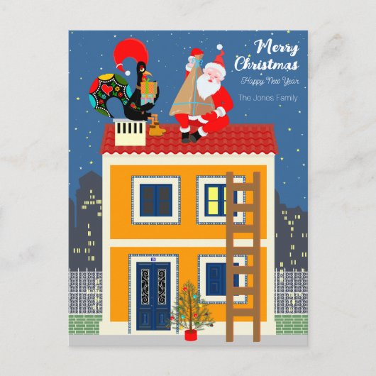 Kerstman ontmoet de Portugese Haan Briefkaart (Voorkant)