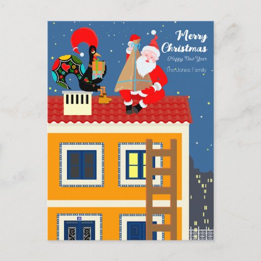 Kerstman ontmoet de Portugese Haan Briefkaart (Voorkant)
