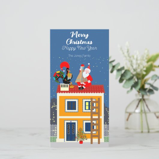 Kerstman ontmoet de Portugese Haan Feestdagenkaart (Staand voorkant)