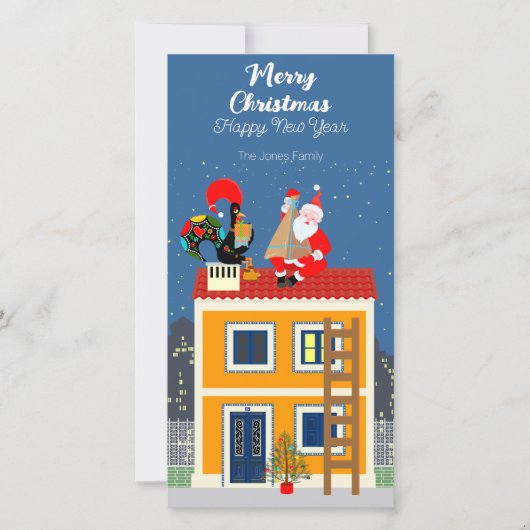 Kerstman ontmoet de Portugese Haan Feestdagenkaart (Voorkant)