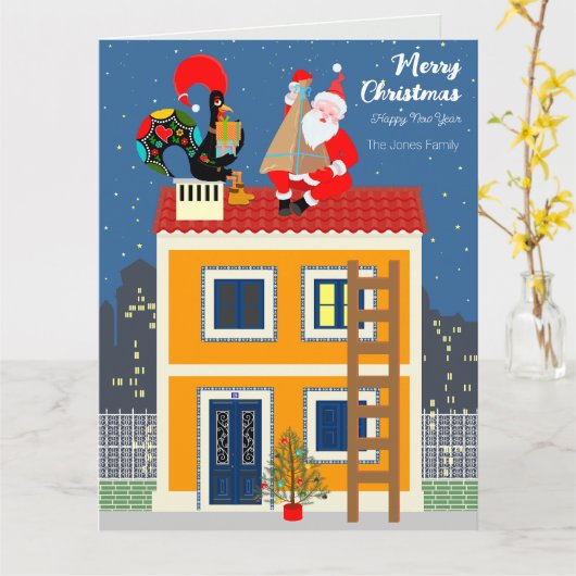 Kerstman ontmoet de Portugese Haan Kaart (Gele Bloem)