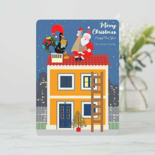 Kerstman ontmoet de Portugese Haan Kaart (Staand voorkant)
