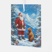 Kerstman ontmoet vriendelijk Beer in Snowy Mountai Glas Ornament (Voorkant links)