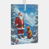Kerstman ontmoet vriendelijk Beer in Snowy Mountai Glas Ornament (Voorkant Rechts)