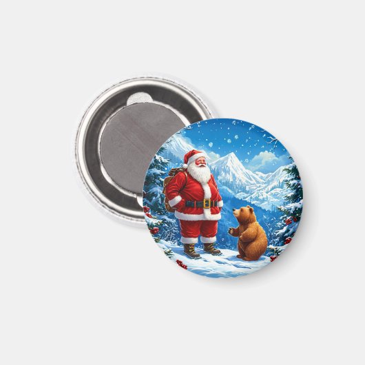 Kerstman ontmoet vriendelijk Beer in Snowy Mountai Magneet (Voorkant / Achterkant)