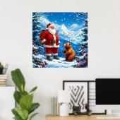 Kerstman ontmoet vriendelijk Beer in Snowy Mountai Poster (Thuiskantoor)