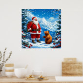 Kerstman ontmoet vriendelijk Beer in Snowy Mountai Poster (Keuken)