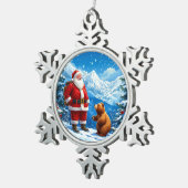 Kerstman ontmoet vriendelijk Beer in Snowy Mountai Tin Sneeuwvlok Ornament (Rechts)