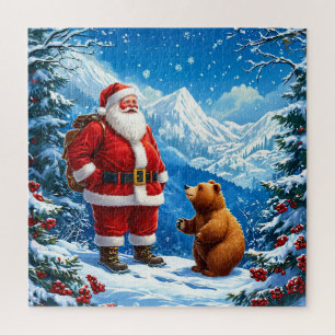 Kerstman ontmoet vriendelijke beer in besneeuwde b legpuzzel
