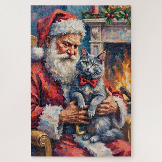 Kerstman Oosterse Blauwe Kat Kerst Kunst Legpuzzel (Verticaal)
