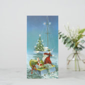 Kerstman op boot met cadeaus feestdagenkaart (Staand voorkant)
