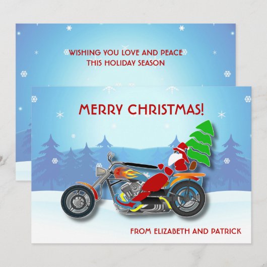 Kerstman op chopperfiets met rode hoed feestdagenkaart (Voorkant / Achterkant)