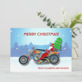 Kerstman op chopperfiets met rode hoed feestdagenkaart (Staand voorkant)