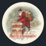 kerstman op de schoorsteenkerst ronde sticker<br><div class="desc">Jolly Old Saint Nick is klaar om op de schoorsteen te poppen met een zak speelgoed voor alle goede meisjes en jongens op deze retroflectorsticker.</div>