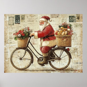 Kerstman op een fiets, vintage, poster