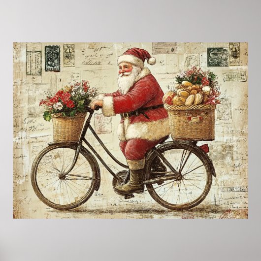 Kerstman op een fiets, vintage, poster (Voorkant)