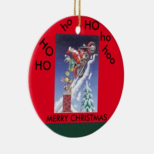 Kerstman op een kerstcirkel rond een motorfiets keramisch ornament (Rechts)