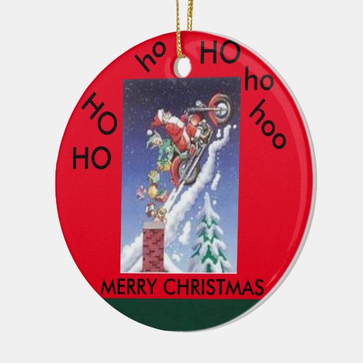 Kerstman op een kerstcirkel rond een motorfiets keramisch ornament (Links)