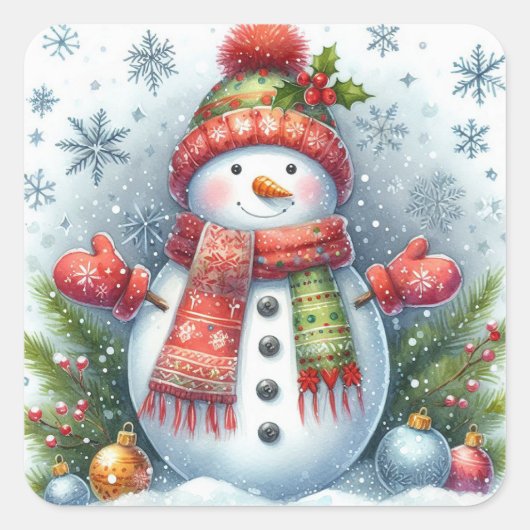 Kerstman op een koude en besneeuwde sneeuw vierkante sticker (Voorkant)