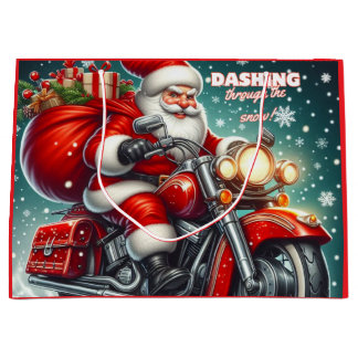 Kerstman op een motor groot cadeauzakje