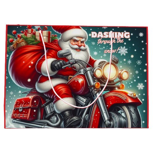 Kerstman op een motor groot cadeauzakje (Achterkant)