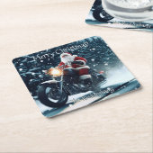 Kerstman op een motor in de sneeuw kartonnen onderzetters (Schuin)